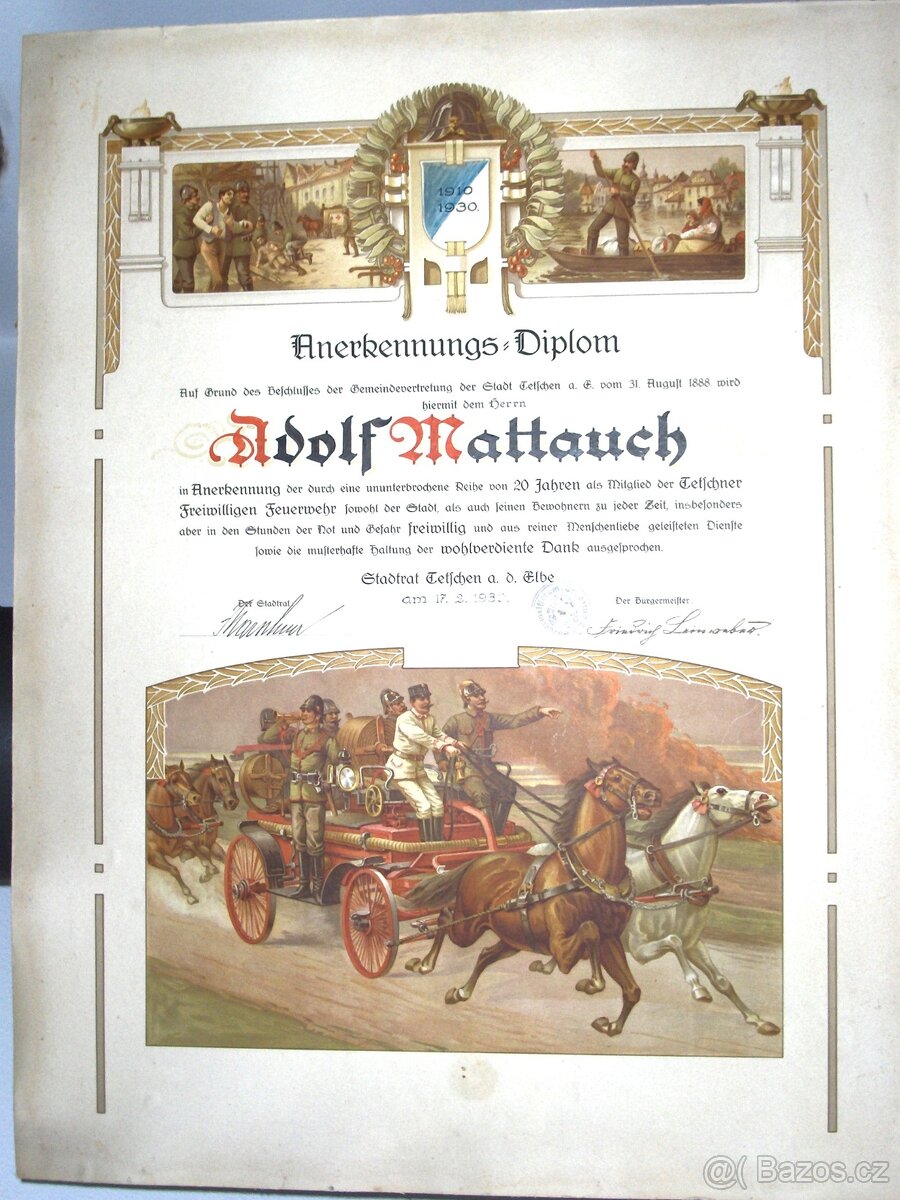 Hasičský diplom originál 1930 60x47 cm