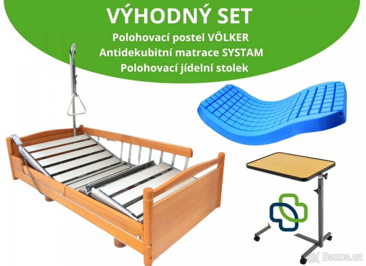 Polohovací postel, antidekubitni matrace, stolek, hrazda