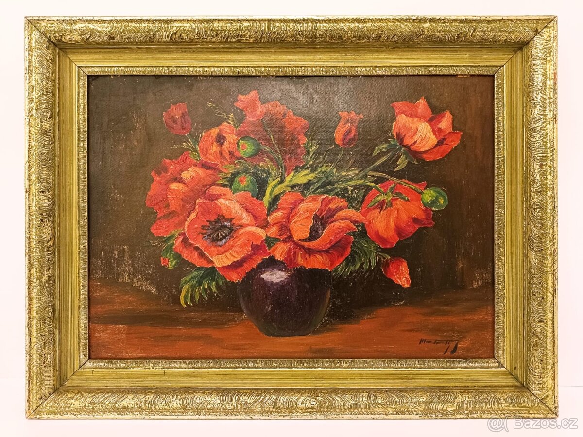 Obraz J. Málek, Vlčí máky olej na desce 45x60