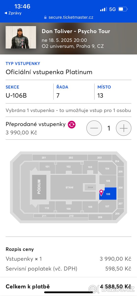 Prodám 1x lístek na DON TOLIVER 02 Universum