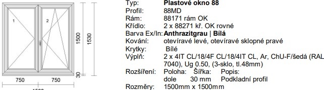 Prodám plastové okno 1500x1500 trojsklo