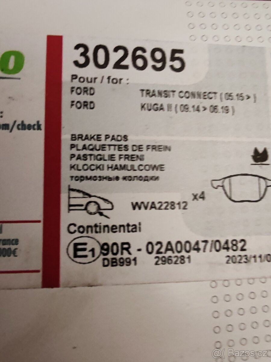 Brzdové destičky Ford tranzit conect kuga