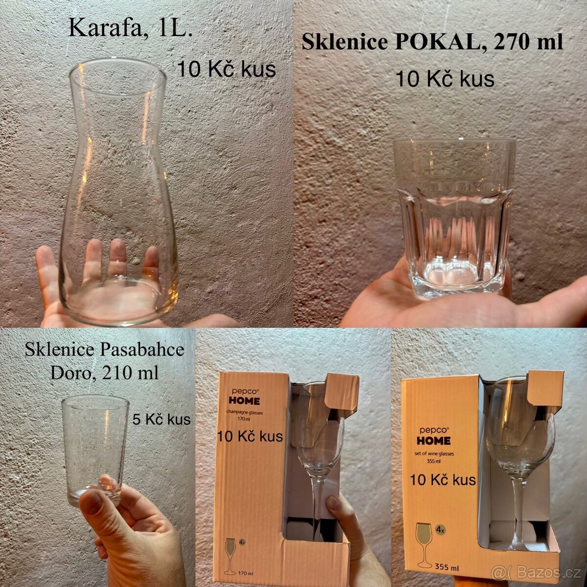 Karafy, skleničky na vodu, víno, šampaňské