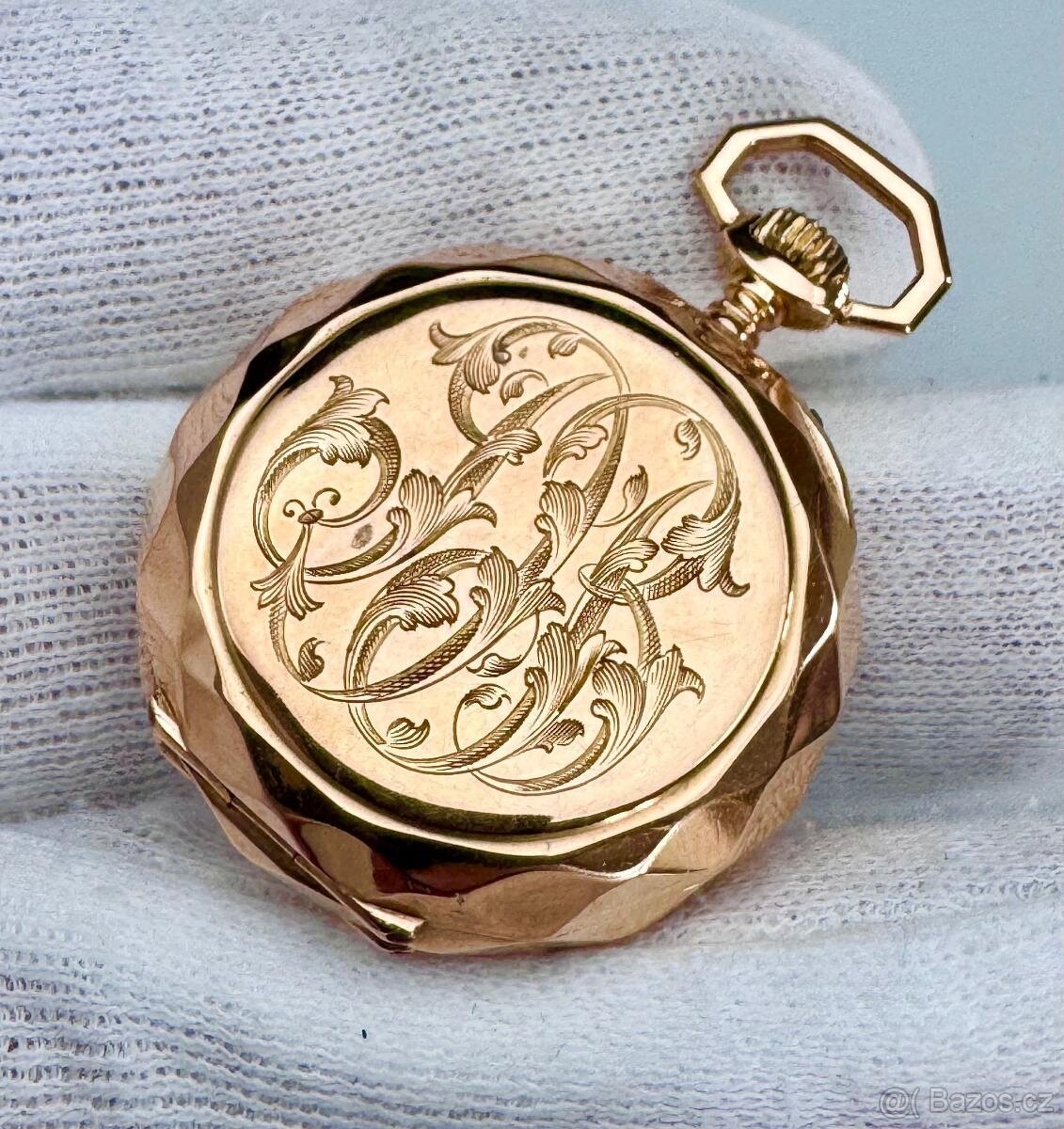 18K CELO ZLATÉ KAPESNÍ HODINKY S MONOGRAMEM - FUNKČNÍ