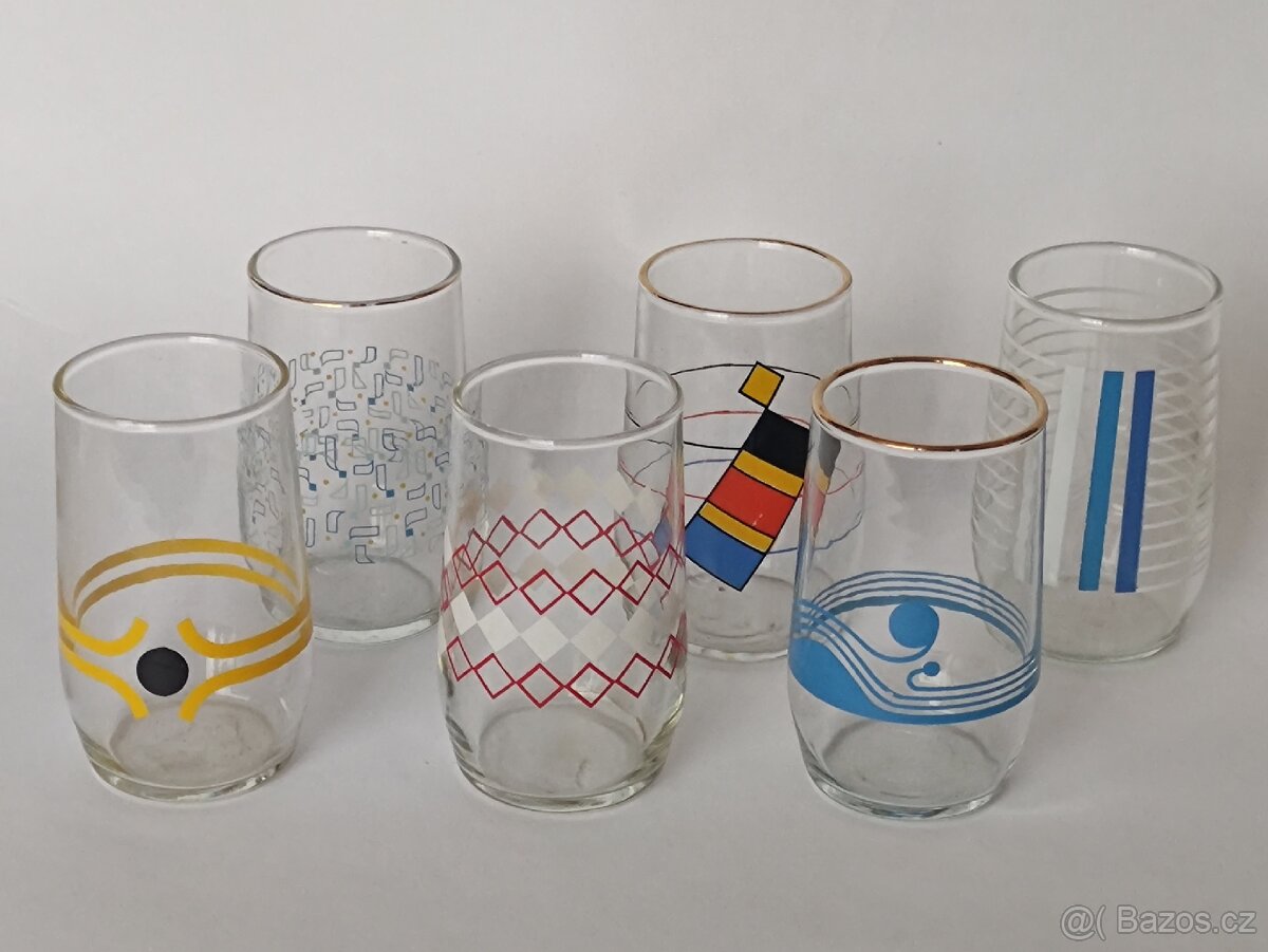 Retro barevné sklenice se vzorem, 1dcl, 50.-/kus, pošta 75.-