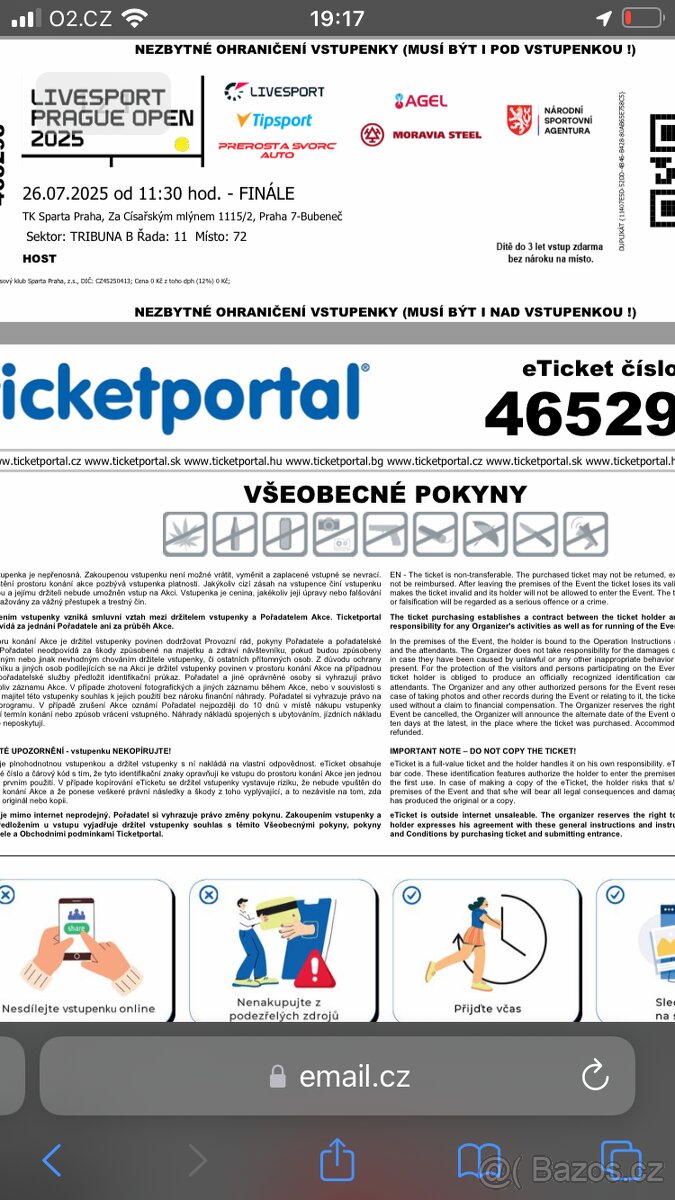 2 x Vstupenka Livesport Prague Open Finále 26.7.2025