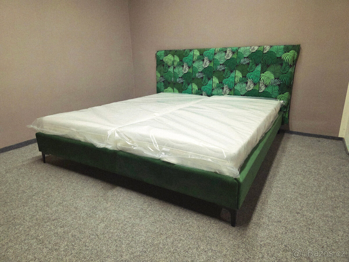 Nová postel s roštem 180x200 čalouněná zelené listy