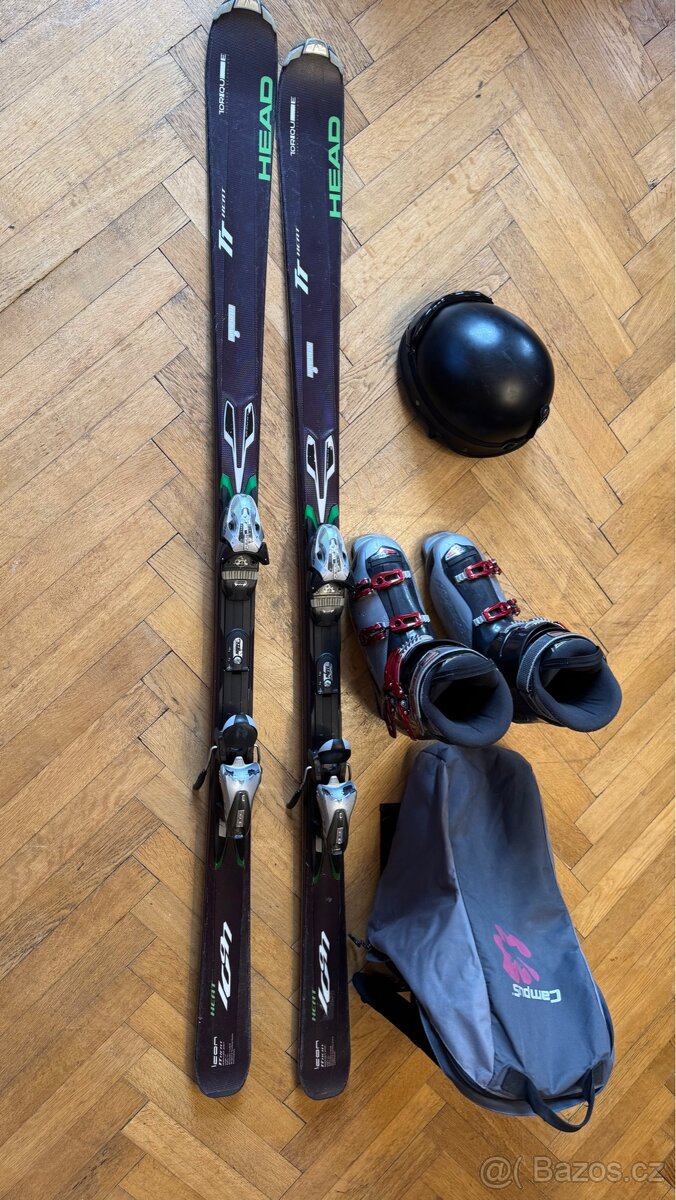 Lyže + lyžáky + vak + helma s brýlemi set