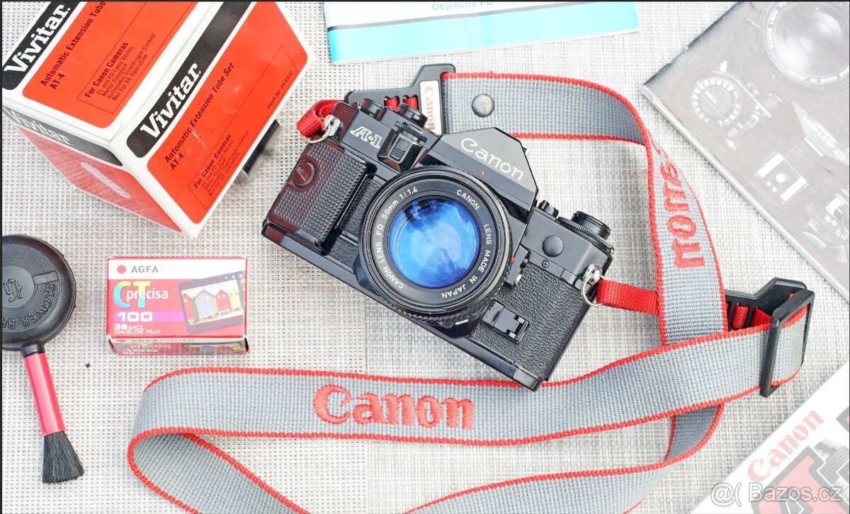 Canon A-1 + Canon 50mm f/1.4 FDnew, brašná, f-ční, nová bat.