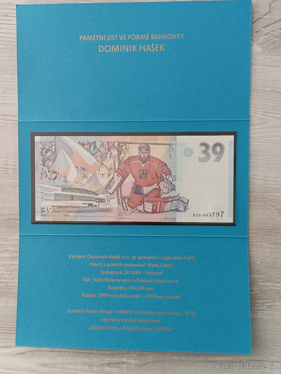 Pamětní bankovka Dominik Hašek 39