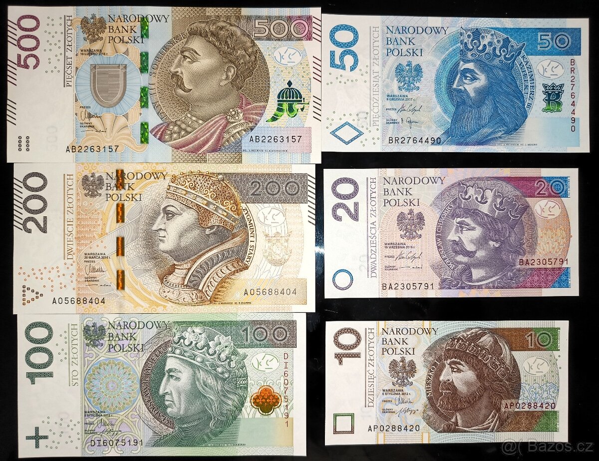 Sada 10 - 500 zlotych Polsko 2012 - 2017 UNC Pick #184 - 190