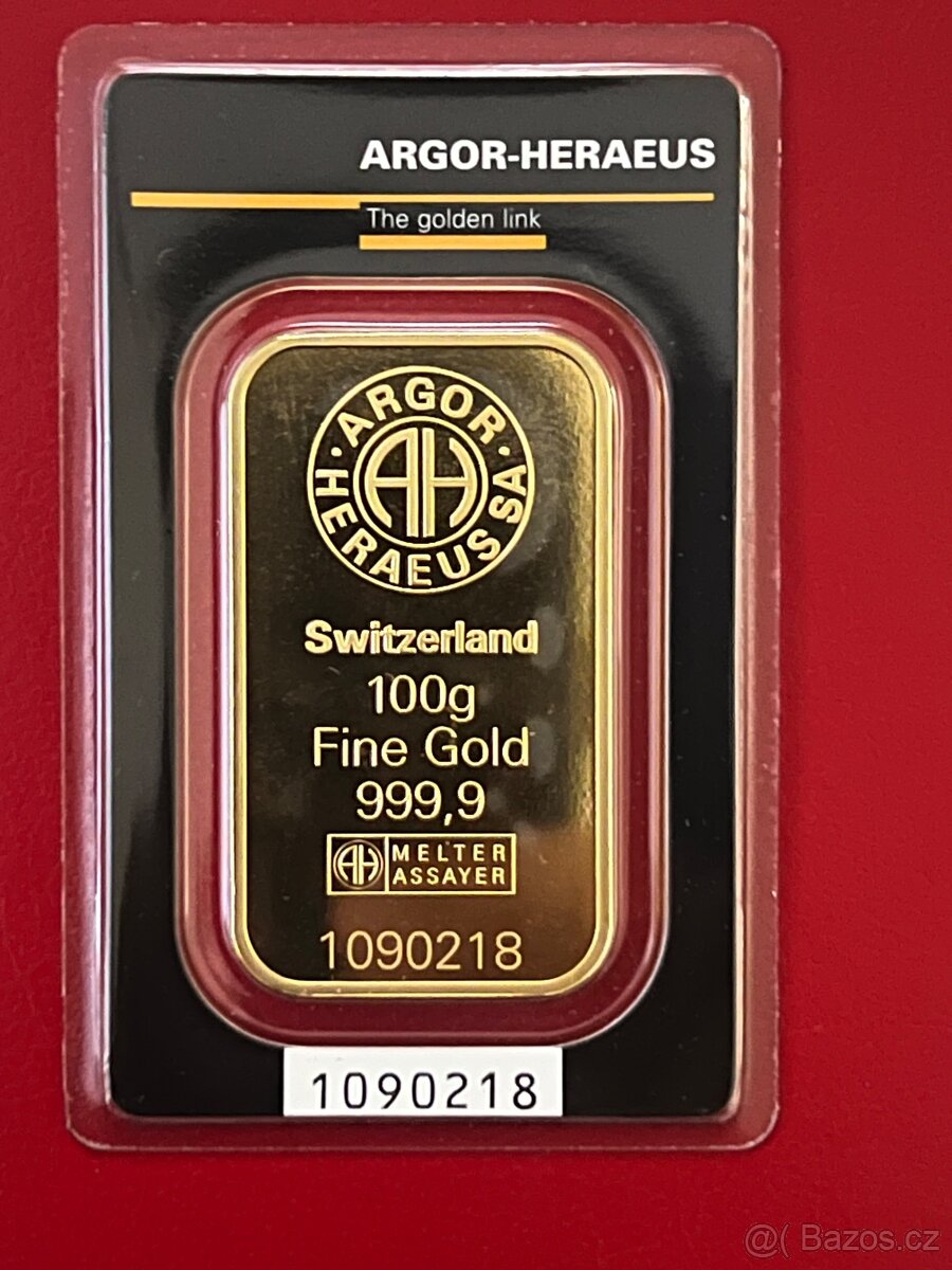 Zlato / zlatý investiční slitek Argor Heraeus 100g