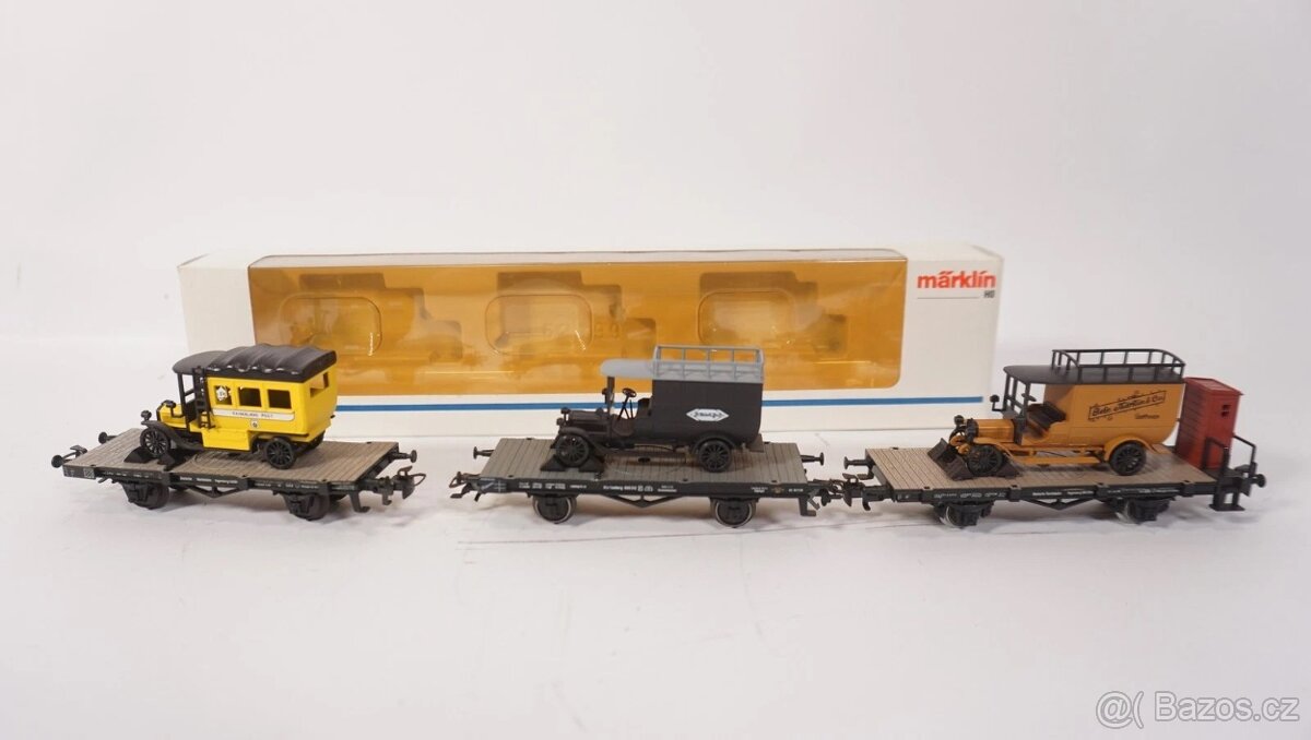 Märklin H0 1898 set 3 veteránů + 3x Marklin plošinový vůz