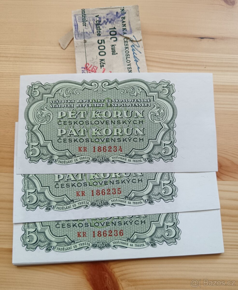 5kčs 1953 stav UNC čísla po sobě jdoucí postupka