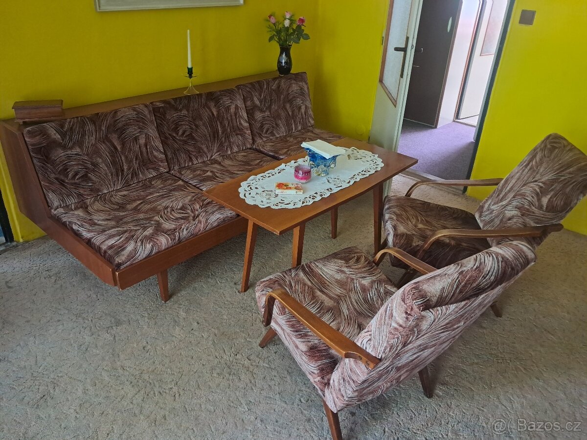 Retro gauč , křesla a konferenční stolek
