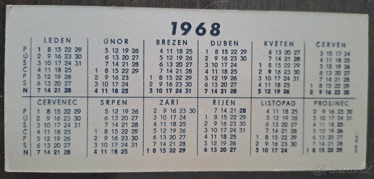 Kalendáříky kartičkové 1968 až 1996