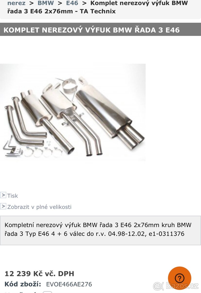 Vyfuk bmw e46 nerez