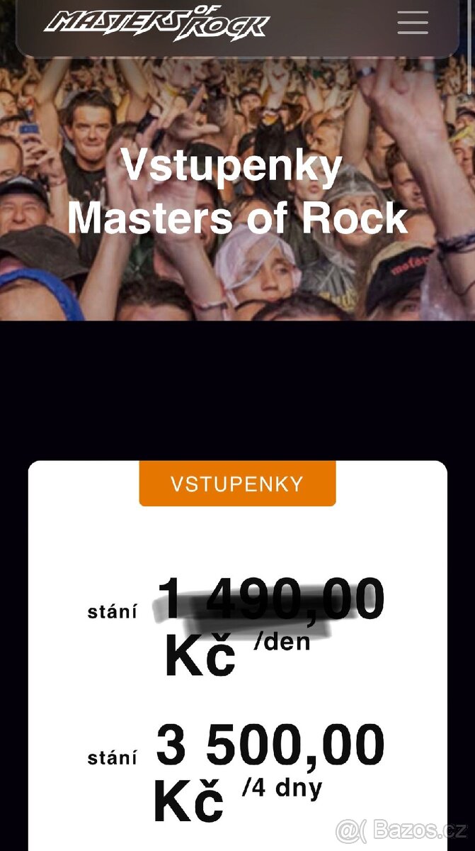 Prodám lístky na Masters of Rock 2025
