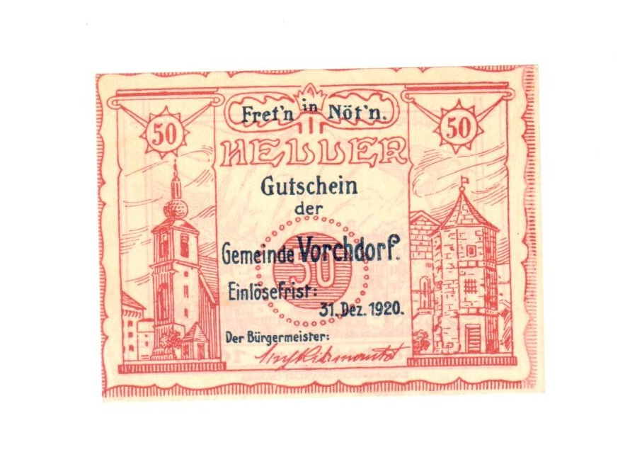 50 Heller z Vorchdorfu z roku 1920, Rakousko, nouzová bankov