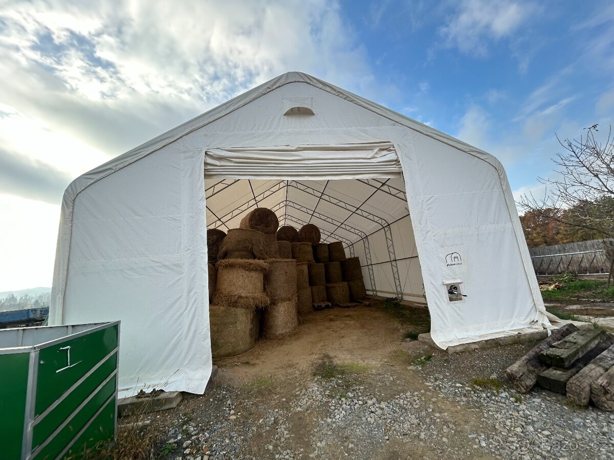 Plachtová Hala 10×12,2×6,1m, PVC 610g/m2, bílá – vrata 4,3 m