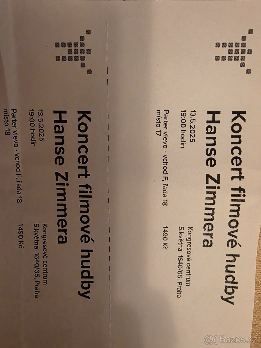 Prodám lístky na koncert hudby Hanse Zimmera
