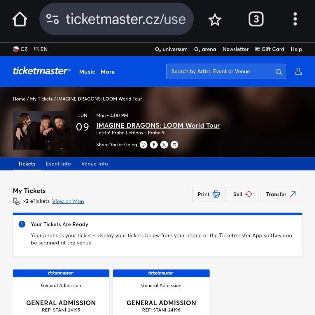 2 Vstupenky na koncert Imagine Dragons 9.6. 2025 v Praze.