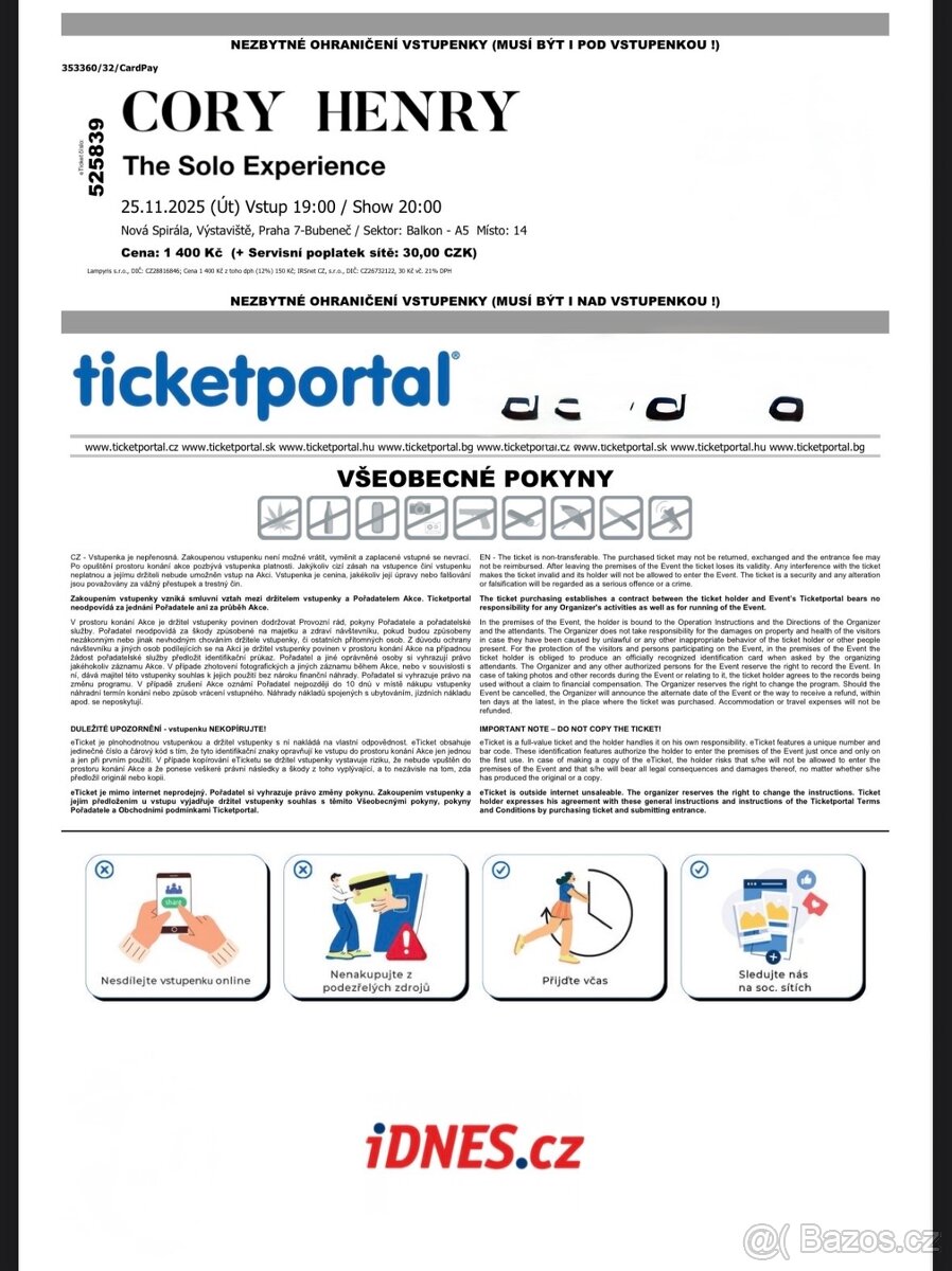 Prodám lístky na koncert Cory Henry