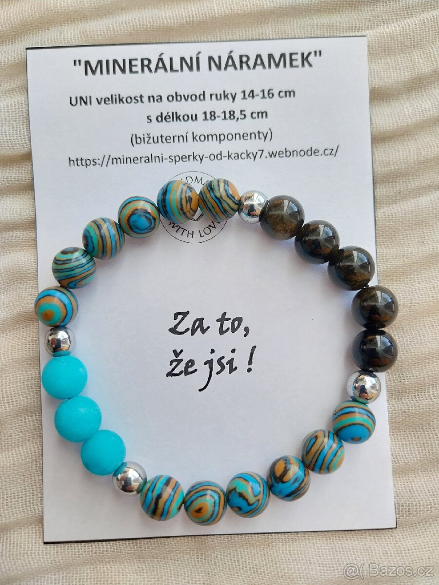 Náramek z minerálů Malachit,Obsidián,Jadeit