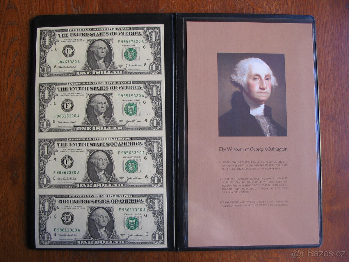 4x 1$ US dollar nerozříznuté bankovky 1$ US dolar.