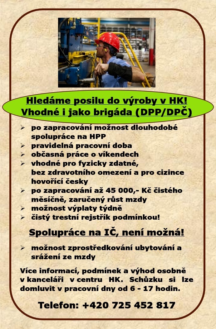 Hledáme spolehlivé dělníky do výroby