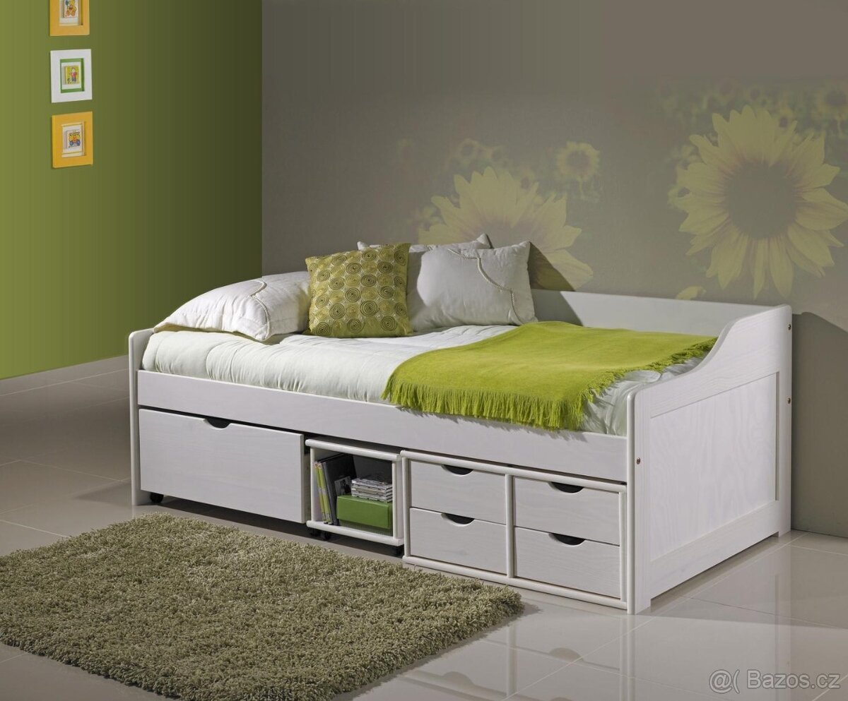 Multifunkční vyvýšená postel s matrací z masivního dřeva