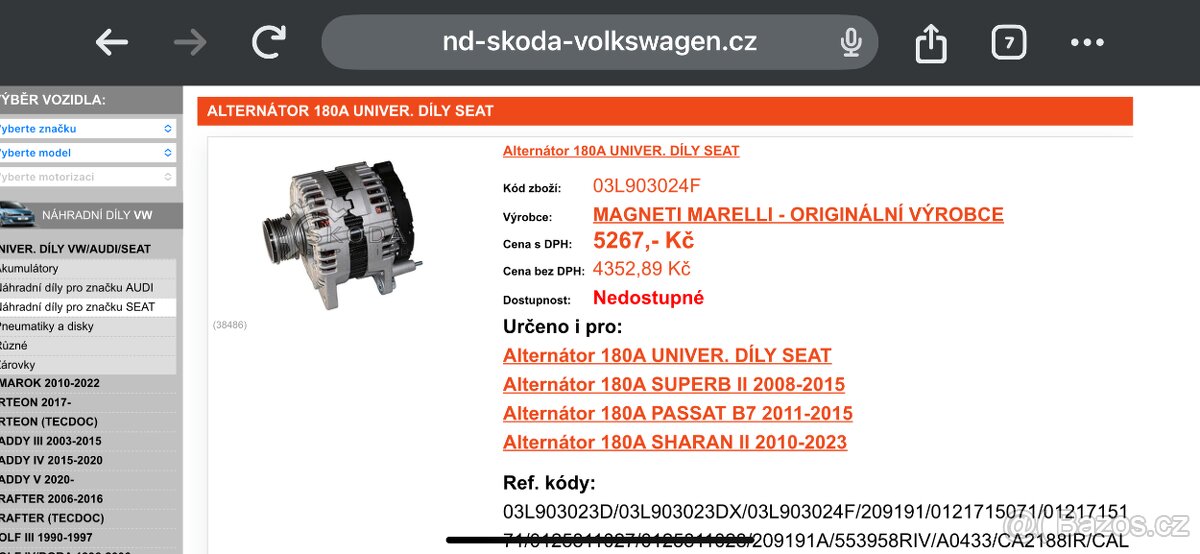 Nový Alternator 180a Passat B7, Superb