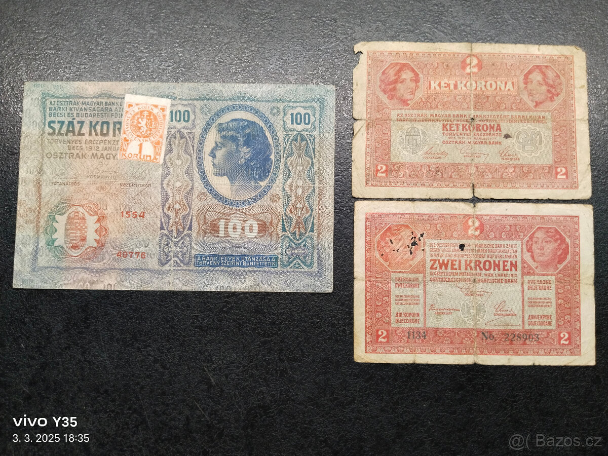 Bankovky 1.republika s prozatimní kolkem Československo