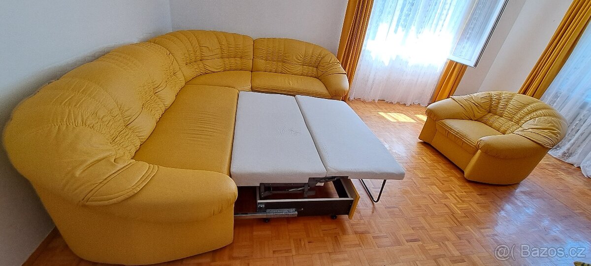 Sedací souprava, rozkládací rohový gauč a křeslo