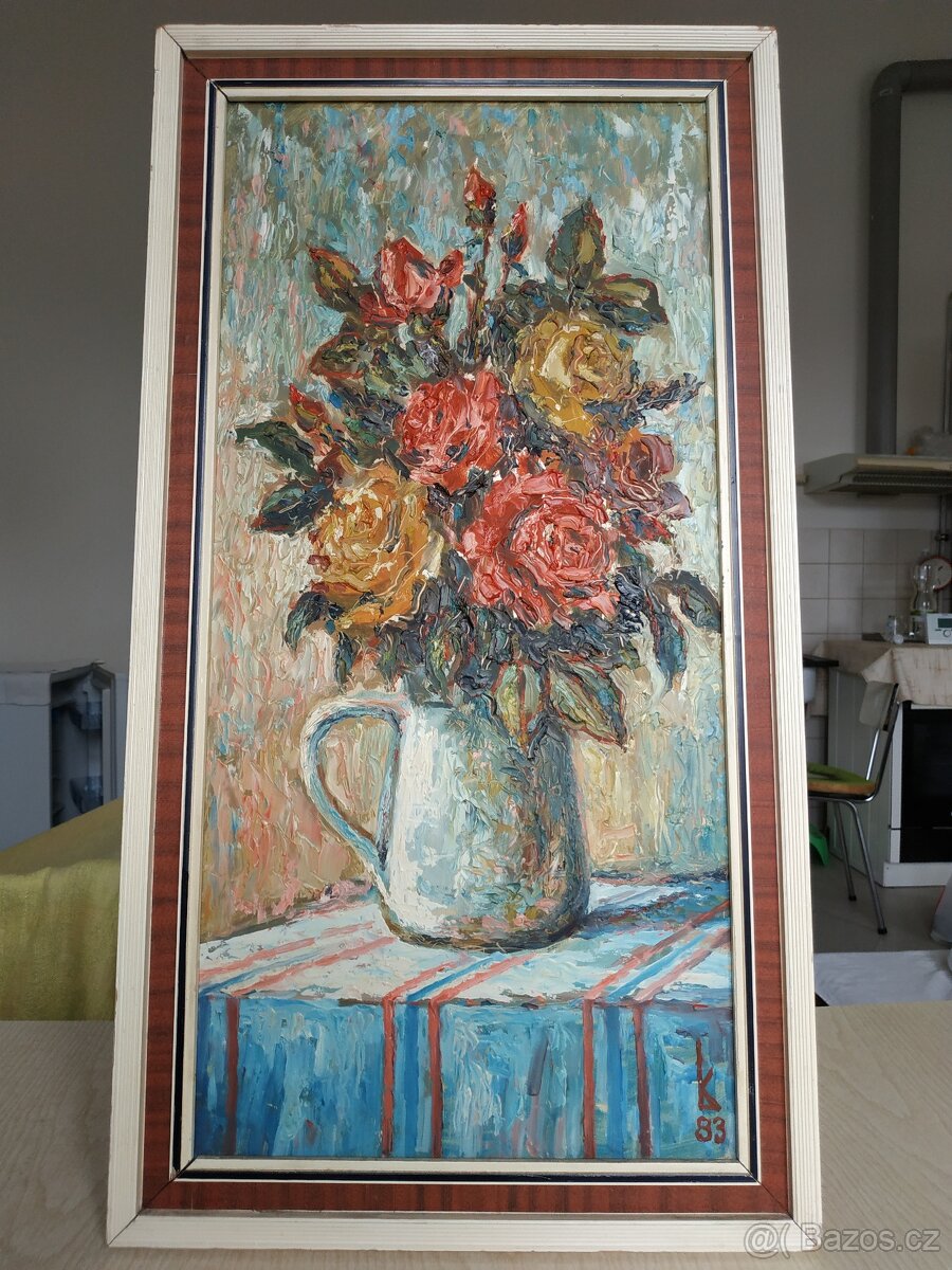 Obraz – Olejomalba na kartonu, váza s růžemi (1983)