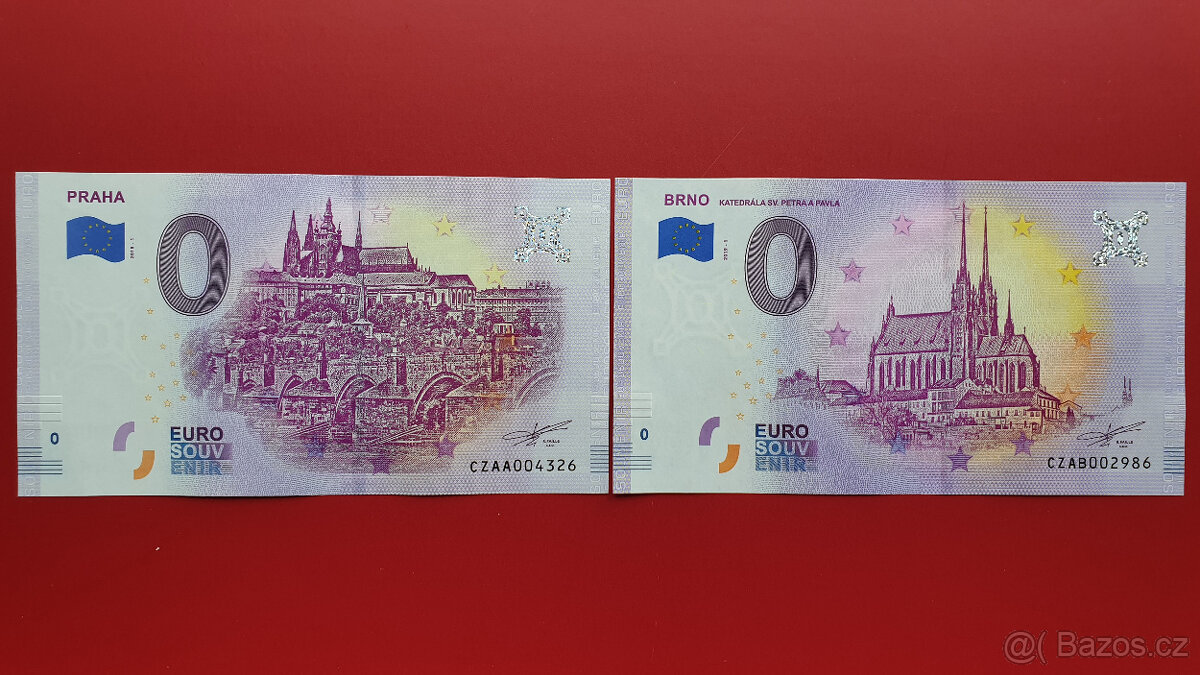 0 Euro Souvenir bankovka PRAHA + BRNO, PERFEKTNÍ STAV