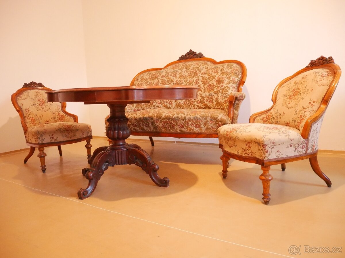 Reprezentativní salonní souprava z 19.stol.-sofa,křesla,stůl