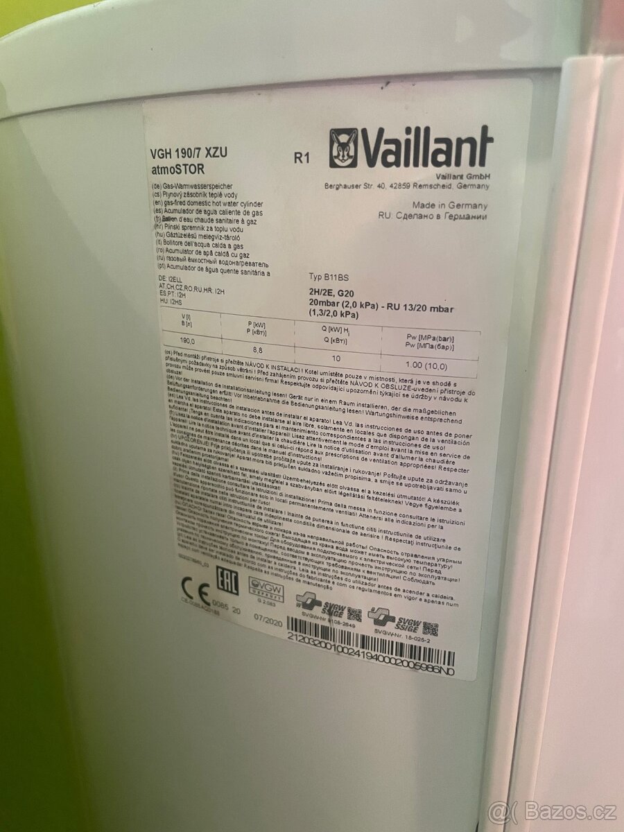 Prodám plynový ohřívač vody Vaillant atmoSTOR VGH 190/7 XZU
