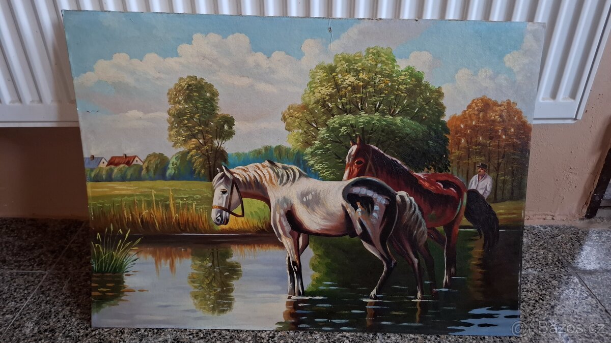 Starý obraz přírody s koňmi