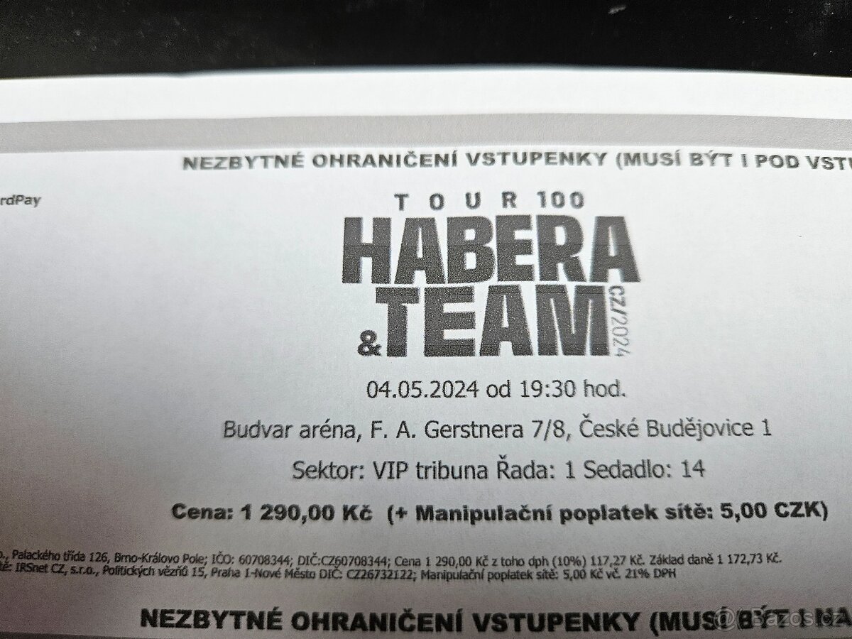 Prodám vstupenku na koncert HABERA&TEAM v ČB