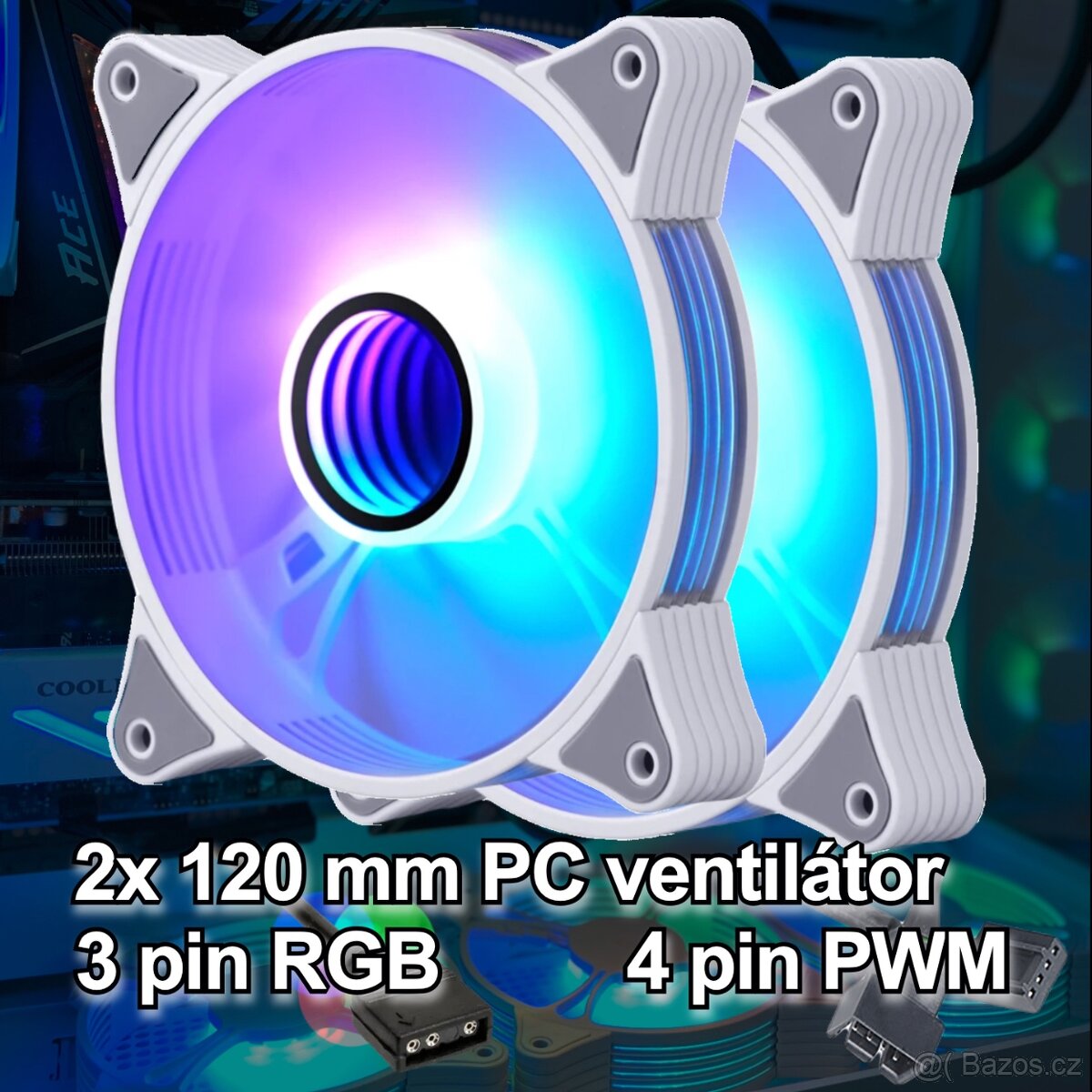 Bílý RGB PC větráček ventilátor 120mm 5V 3 pin aRGB, PWM 2x