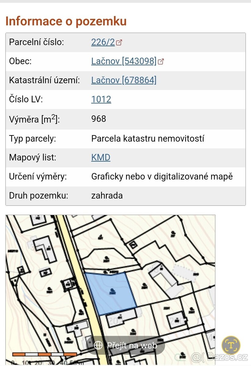 Prodej stavebního pozemku v obci Lačnov 968 m2