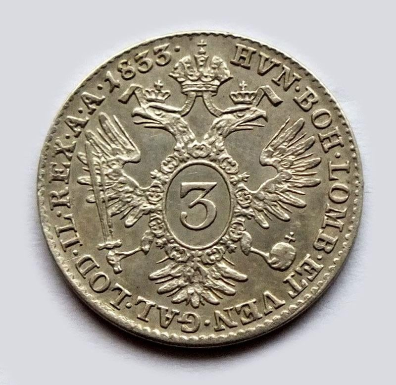František II., 3 krejcar 1833 C, vzácnější mincovna Praha,Ag