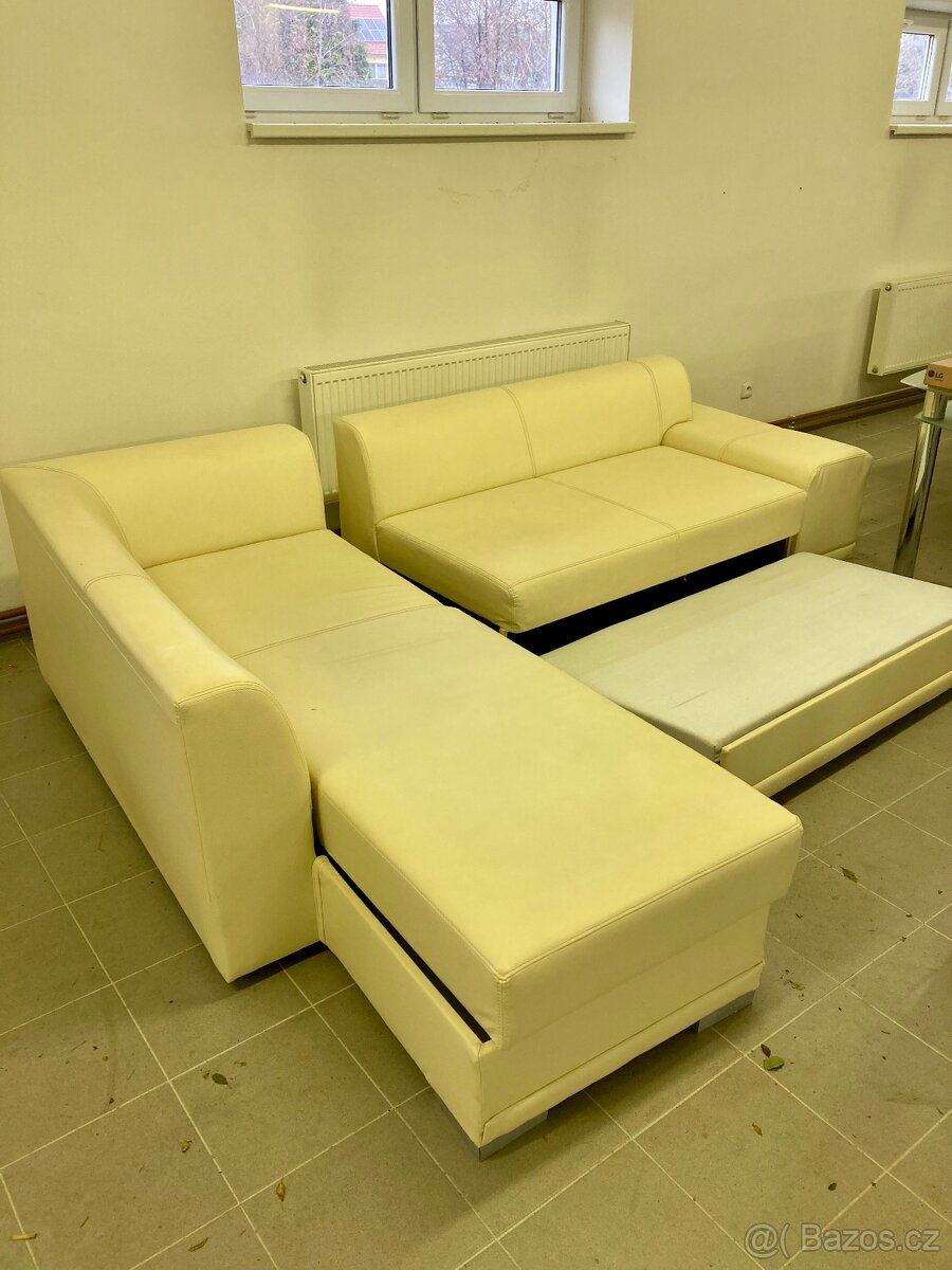 kožená rozkládacín krémová sedací souprava