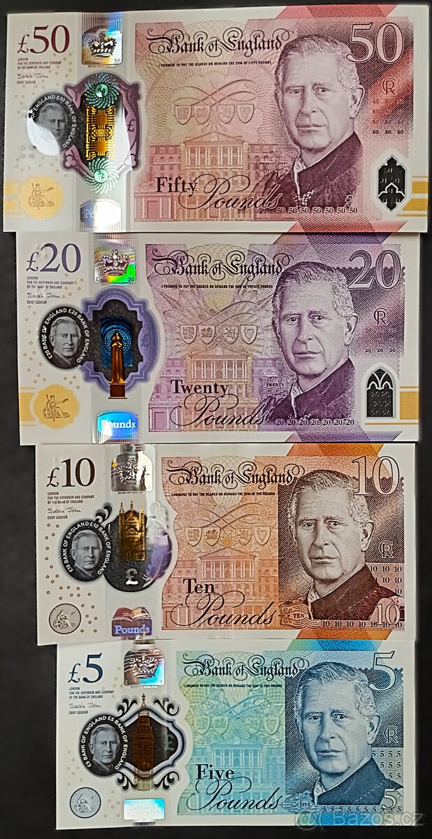 Sada 5 - 50 liber Velká Británie Karel III. UNC polymer
