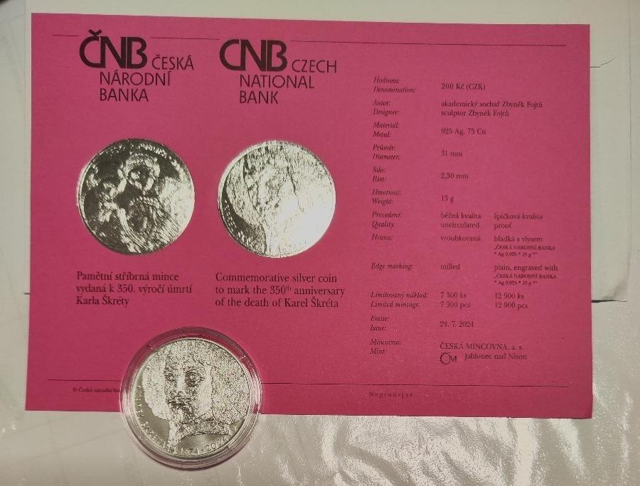 Stříbrná mince ČNB 200 Karel Škréta, běžná kvalita