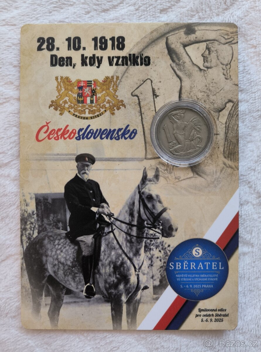 KARTIČKA S MINCÍ 1 KORUNA ČESKOSLOVENSKÁ 1937