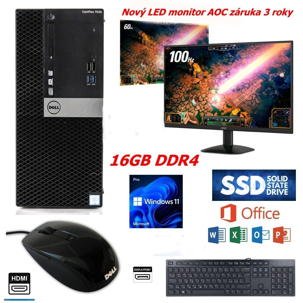 PC SET DELL,16GB DDR4,SSD,AOC 24´nový,WIN 11,zár
