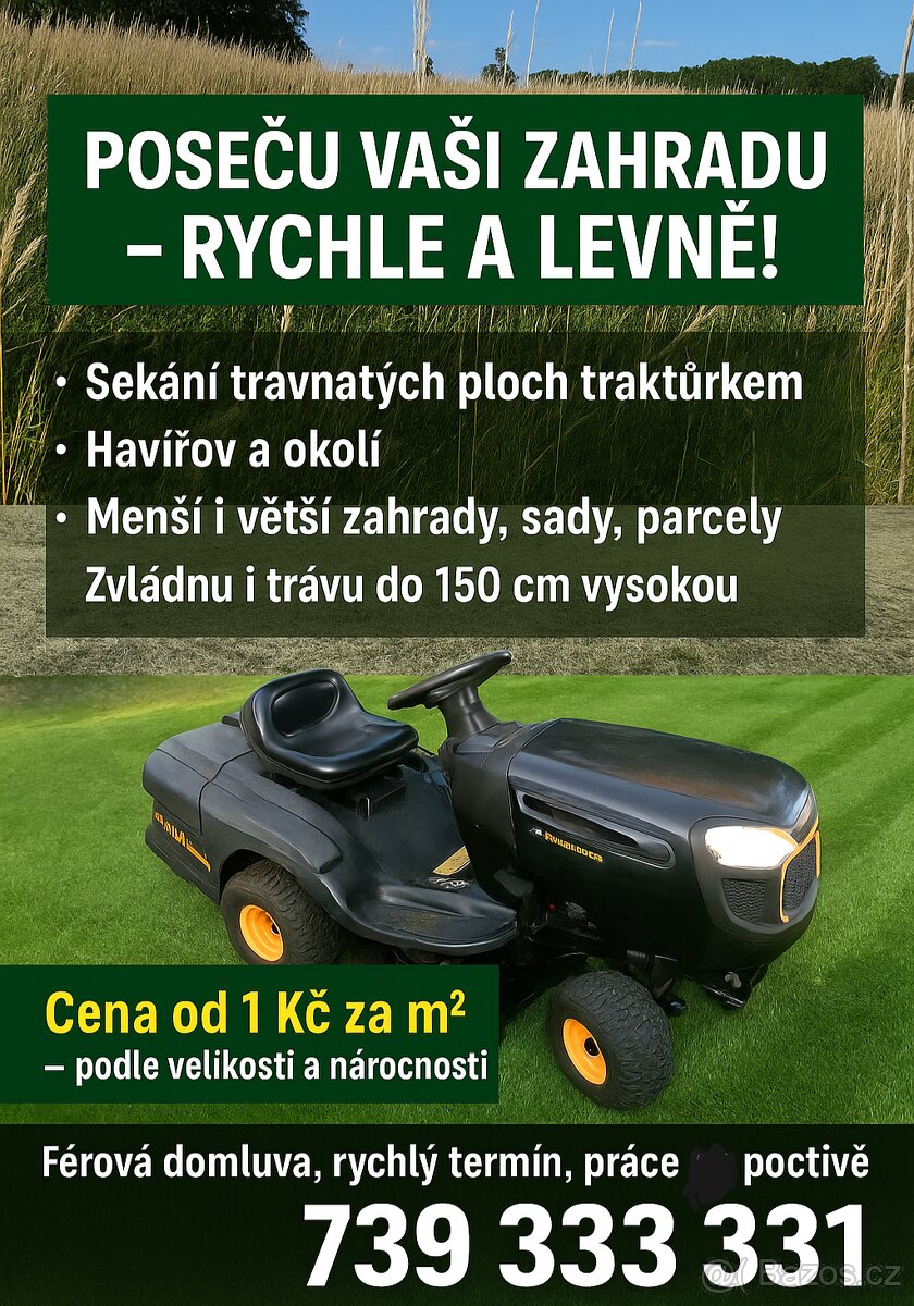 Sekání a mulčování trávy, řezání dřeva, bagr