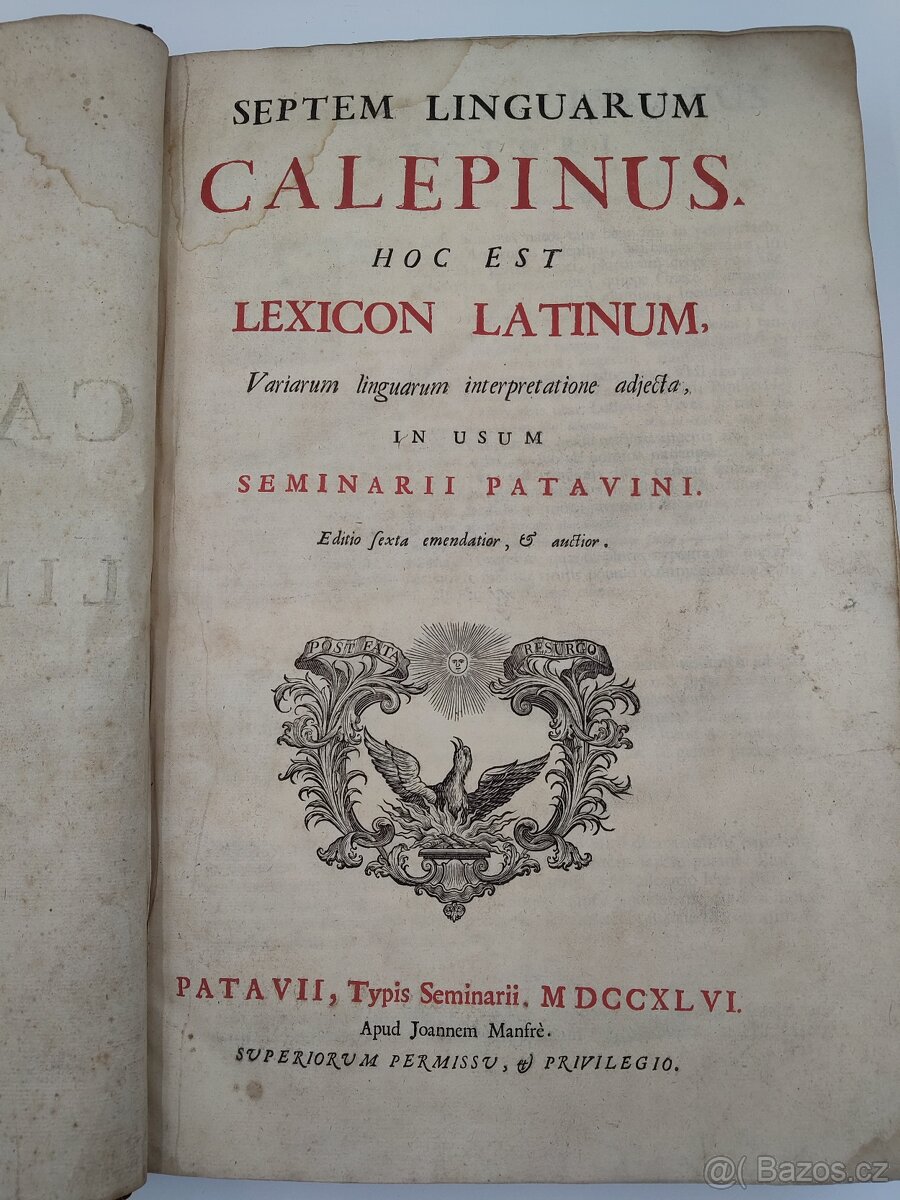 Kniha Septem Linguarum Calepinus Lexikon Latinum, Rok 1794